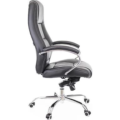 A black high-back executive office chair with contoured padding, upholstered in faux leather, featuring contrasting white stitching. It has chrome-plated armrests with padded tops and a chrome five-star base with casters for mobility. The chair includes adjustment mechanisms for height and tilt. — 3D model