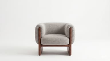 A modern armchair featuring a curved, upholstered body in light grey bouclé fabric, supported by a distinct dark walnut wooden frame that forms the base and extends upwards to encompass the arms. — 3D model