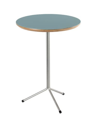 A modern round table featuring a blue-grey laminate top with a visible plywood edge, supported by a silver metal pedestal base that splits into three splayed legs with black protective feet. — 3D model