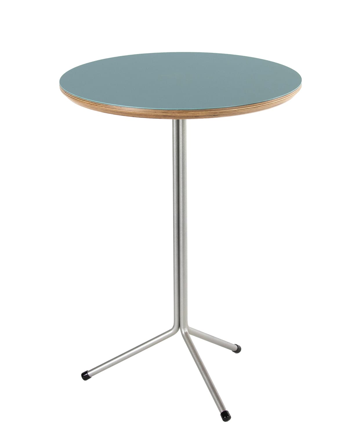 A modern round table featuring a blue-grey laminate top with a visible plywood edge, supported by a silver metal pedestal base that splits into three splayed legs with black protective feet. — 3D model