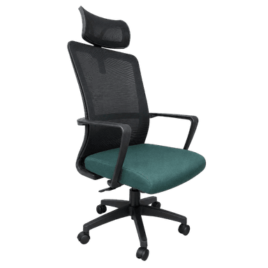 An ergonomic office chair featuring a high backrest and headrest, both constructed with black mesh for breathability. The chair has a molded plastic frame, visible lumbar support structure, and a five-star base with casters for mobility. The overall design is modern and functional. — 3D model