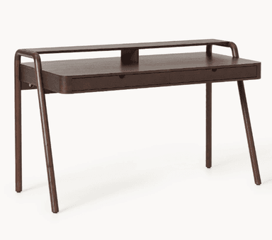 A modern, minimalist writing desk crafted from dark-stained wood, featuring a rectangular top with subtly rounded edges and two integrated drawers. A distinctive raised back shelf, supported by gracefully curved uprights that continue down to form the front legs, provides additional storage or display space. The desk is supported by slender, angled legs, contributing to its light and contemporary aesthetic. — 3D model