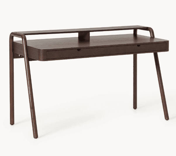A modern, minimalist writing desk crafted from dark-stained wood, featuring a rectangular top with subtly rounded edges and two integrated drawers. A distinctive raised back shelf, supported by gracefully curved uprights that continue down to form the front legs, provides additional storage or display space. The desk is supported by slender, angled legs, contributing to its light and contemporary aesthetic. — 3D model