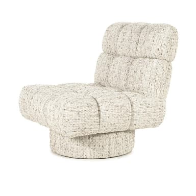 A cream-colored armchair with a plush, channel-tufted design. The chair features a low back and a wide, inviting seat. It is upholstered in a textured fabric with flecks of brown and grey. The base is a circular, swivel pedestal, also upholstered in the same fabric, providing stability and rotation. — 3D model