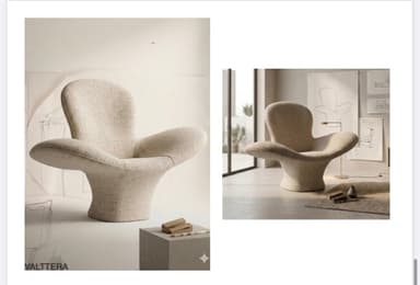 A contemporary armchair with an organic, sculptural form. The chair features a rounded, shell-like backrest that curves into wide armrests. The base is a solid, rounded pedestal that flares outwards at the bottom. The upholstery appears to be a textured fabric. — 3D model