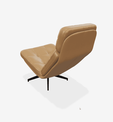 A contemporary lounge chair with a low profile and a reclined backrest. The chair features a tufted upholstery pattern across the seat and back. It is supported by a central pedestal base with four splayed legs, finished in black. The overall design suggests a modern aesthetic. — 3D model