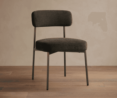 An armless upholstered chair featuring a dark gray fabric seat and backrest, supported by a slender dark metallic frame with four straight legs. — 3D model