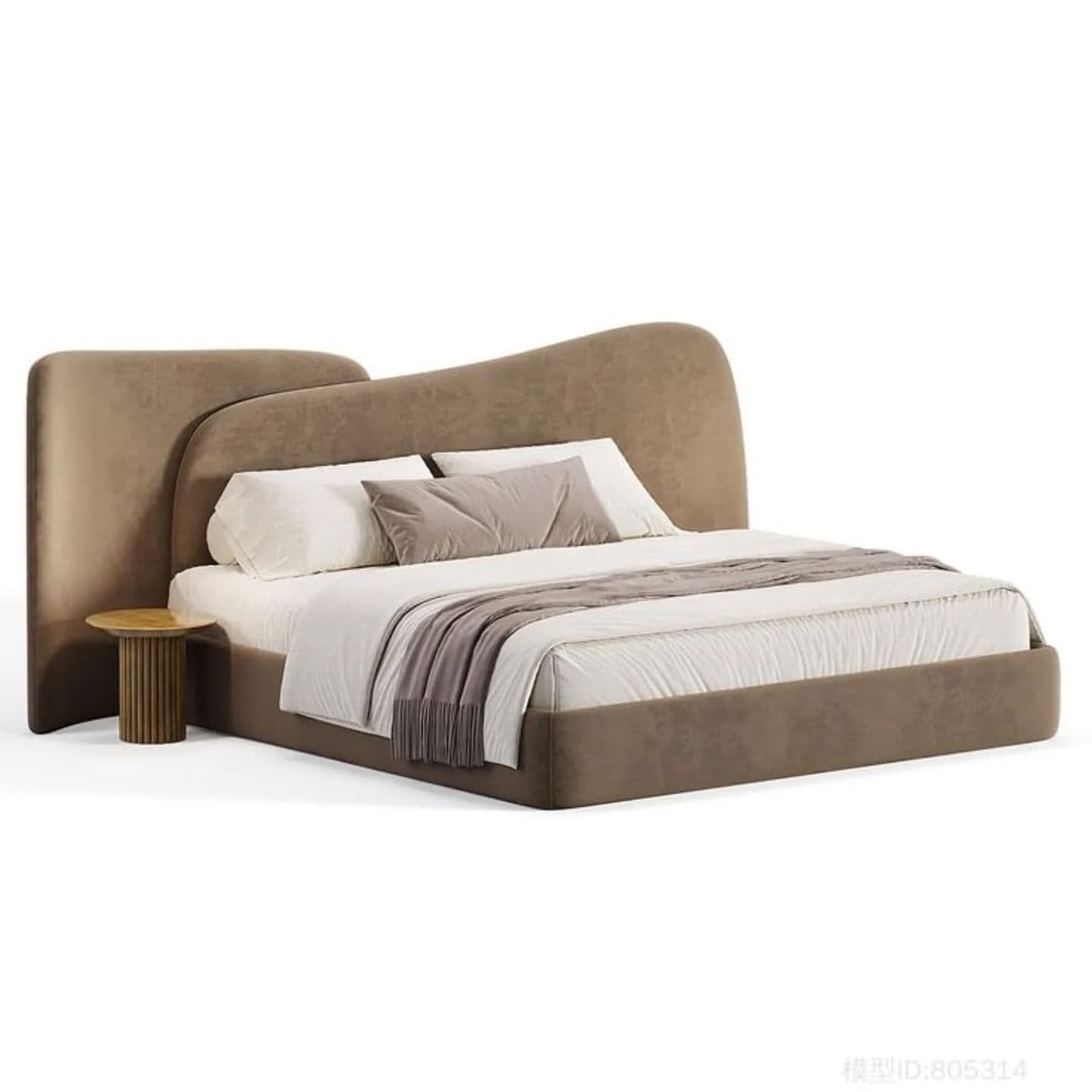 A contemporary platform bed featuring a distinctive organically shaped headboard and a fully upholstered frame, presented in a neutral taupe fabric. — 3D model