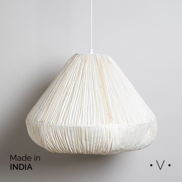 A hanging pendant light with a conical shape, featuring a shade made from off-white, pleated paper or natural fiber, suspended by a simple white cord. — 3D model