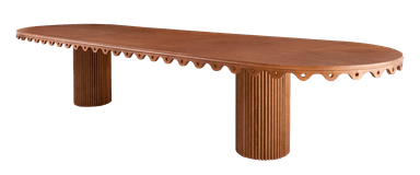 An elongated oval table crafted from reddish-brown wood, featuring a distinctive scalloped edge along the perimeter of the tabletop. The table is supported by two large, cylindrical bases, each adorned with vertical fluting, providing a textural contrast to the smooth tabletop. — 3D model