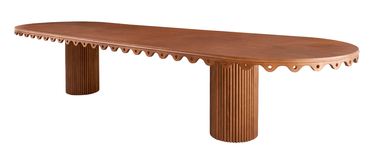 An elongated oval table crafted from reddish-brown wood, featuring a distinctive scalloped edge along the perimeter of the tabletop. The table is supported by two large, cylindrical bases, each adorned with vertical fluting, providing a textural contrast to the smooth tabletop. — 3D model