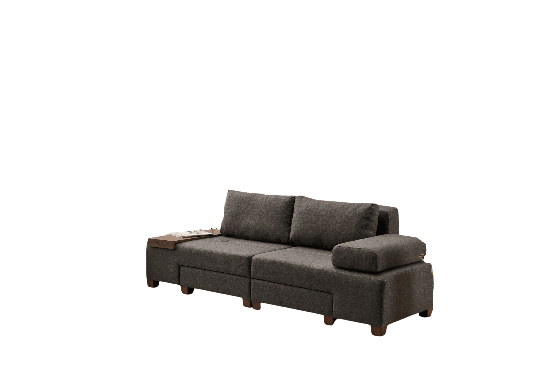 A modular sofa with a chaise lounge extension and a side table attachment. The sofa is upholstered in a dark grey, textured fabric. It features two large back cushions and a substantial armrest on the right side. The chaise section has a wooden tray table integrated into its armrest, holding a magazine. The sofa sits on short, angled wooden legs. — 3D model