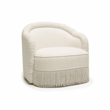 An upholstered barrel armchair featuring a continuous, curved backrest and integrated arms. The chair is covered in a cream-colored, textured fabric, likely boucle, and has a distinctive fringe skirt around its base. It includes a separate, rounded seat cushion. — 3D model