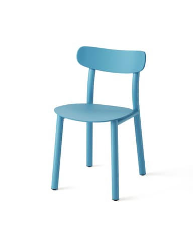 A contemporary armless side chair in a vibrant cyan-blue color, featuring a molded seat and backrest with a minimalist design, supported by four cylindrical legs. — 3D model