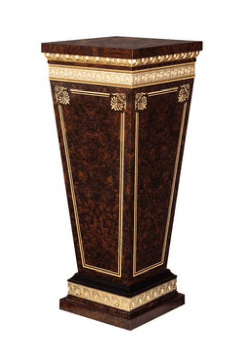 A highly decorative, tapering display pedestal featuring dark, burled wood veneer and extensive gold-finished ornamentation in a classical style. — 3D model