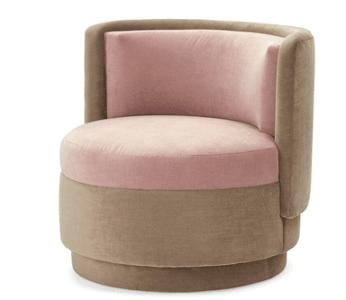 A contemporary armchair with a curved back and a rounded seat. The chair features a two-tone upholstery, with a light pink fabric on the seat and inner backrest, and a taupe-colored fabric on the outer backrest and base. The base is cylindrical and tiered. — 3D model