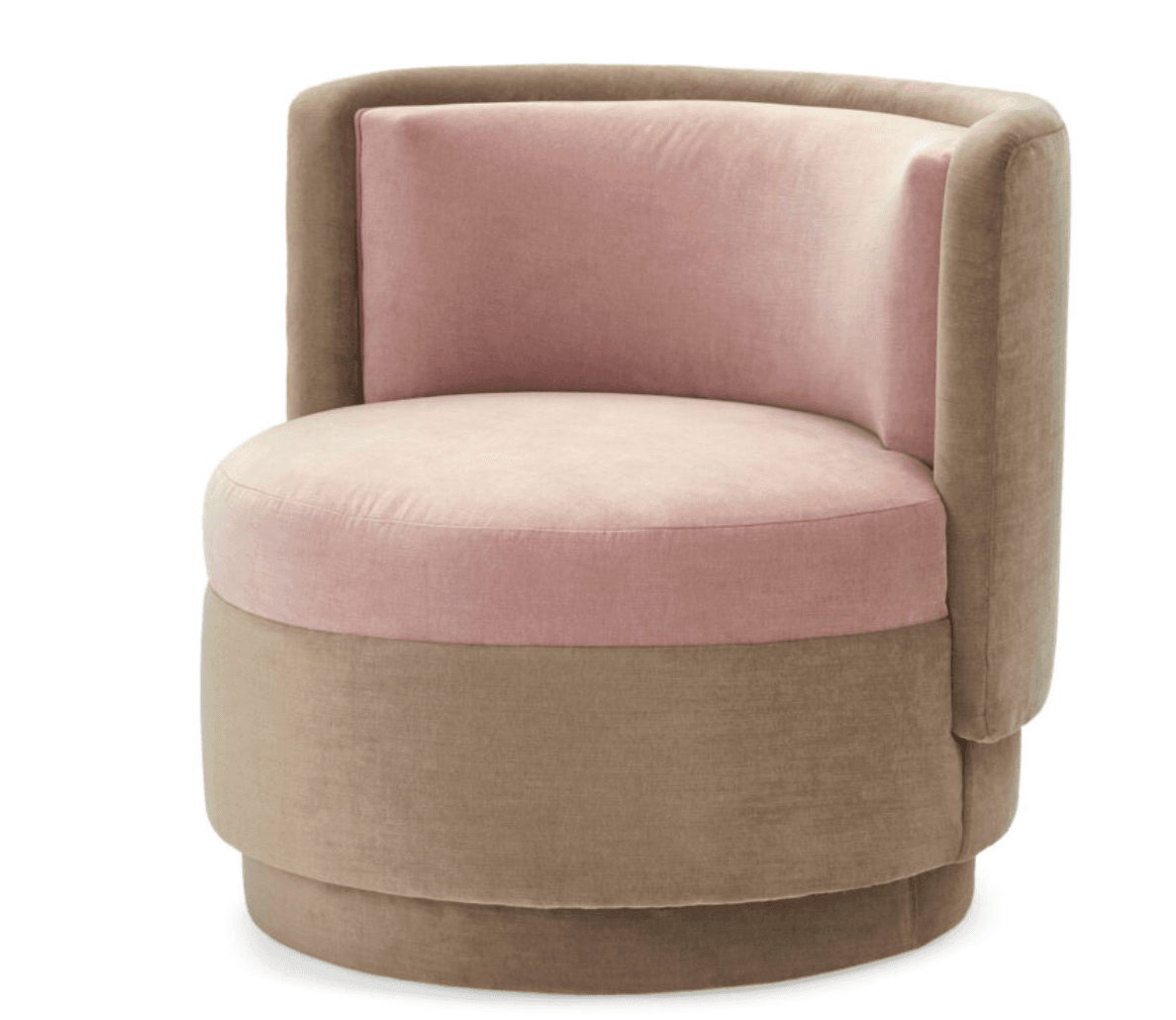 A contemporary armchair with a curved back and a rounded seat. The chair features a two-tone upholstery, with a light pink fabric on the seat and inner backrest, and a taupe-colored fabric on the outer backrest and base. The base is cylindrical and tiered. — 3D model