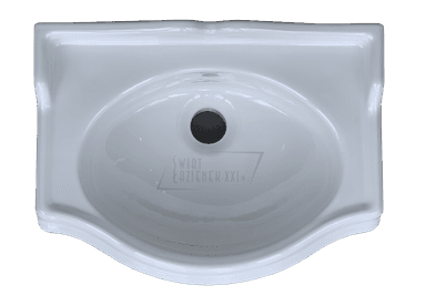 A white ceramic wall-mounted sink with a curved basin and a raised backsplash. It features a central drainage hole and a subtle embossed logo that reads 'Old England'. The front edge has a decorative, wavy profile. The sink appears to be a pedestal or wall-hung type, designed for bathroom use. — 3D model