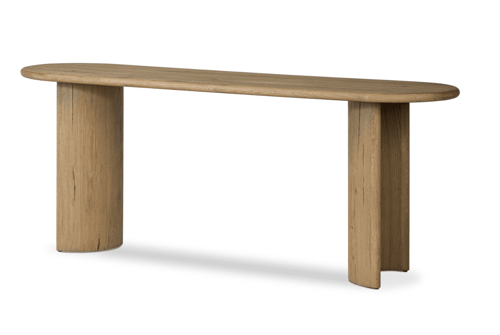 A long, narrow console table with an organically shaped, slightly rounded rectangular top. The table has two thick, solid legs that are columnar and cylindrical in form, with the front face of each leg being flat and extending down to the floor with a subtle curve. The wood grain is pronounced, suggesting a natural, possibly reclaimed wood material. — 3D model
