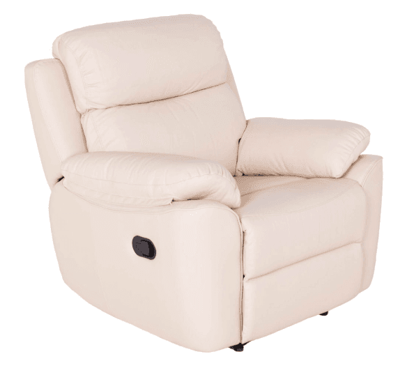 A contemporary recliner armchair upholstered in a cream-colored faux leather. It features plush, overstuffed cushions for the seat, backrest, and armrests, emphasizing comfort. An external black lever on the side activates the recline mechanism. The chair presents a modern, functional aesthetic. — 3D model