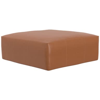 A low-profile, square ottoman upholstered in a rich, saddle brown leather, featuring perimeter stitching. — 3D model