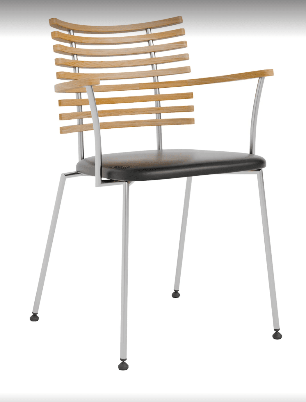 A modern armchair featuring a slatted natural wood backrest and armrests, supported by a slender tubular chrome-plated metal frame and legs. The seat is upholstered in a black material, likely leather or faux leather, providing a contrasting element to the light wood and metallic frame. The design is clean, minimalist, and contemporary. — 3D model