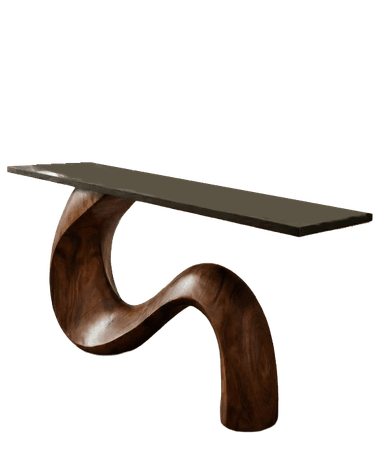 A console table with a distinctively sculptural base. The base is crafted from a dark, polished wood and features a flowing, sinuous, S-shaped design that appears to be carved from a single piece. The tabletop is rectangular, flat, and appears to be made of a darker, possibly stone or wood, material with a smooth finish. — 3D model