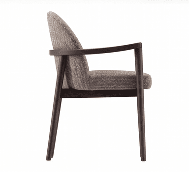 An armchair featuring a contemporary design with a dark wooden frame and upholstered in a light brown, textured fabric. The frame forms a continuous, curved shape that encompasses the backrest and extends into integrated armrests. The seat and the inner part of the backrest are upholstered, providing a comfortable seating surface. The fabric appears to be a durable woven textile with variations in tone, creating a speckled or tweed-like effect. — 3D model