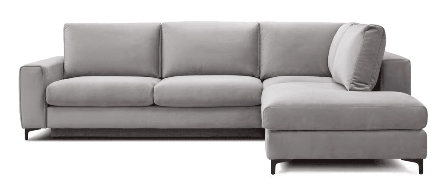 A contemporary L-shaped sectional sofa with a right-facing chaise lounge, upholstered in a light gray velvet-like fabric, featuring clean lines, square arms, and recessed black metal legs. — 3D model