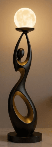 A tall, sculptural floor lamp featuring an abstract, curvilinear base in matte black with internal metallic gold accents, culminating in a spherical, textured light source. The base resembles a stylized figure holding up the illuminated orb. — 3D model