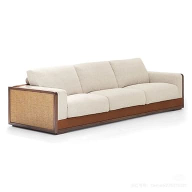 A contemporary three-seater sofa featuring a dark wood frame, light-colored textured fabric upholstery, cane webbing panels on the armrests, and a tan leather trim along the base. — 3D model