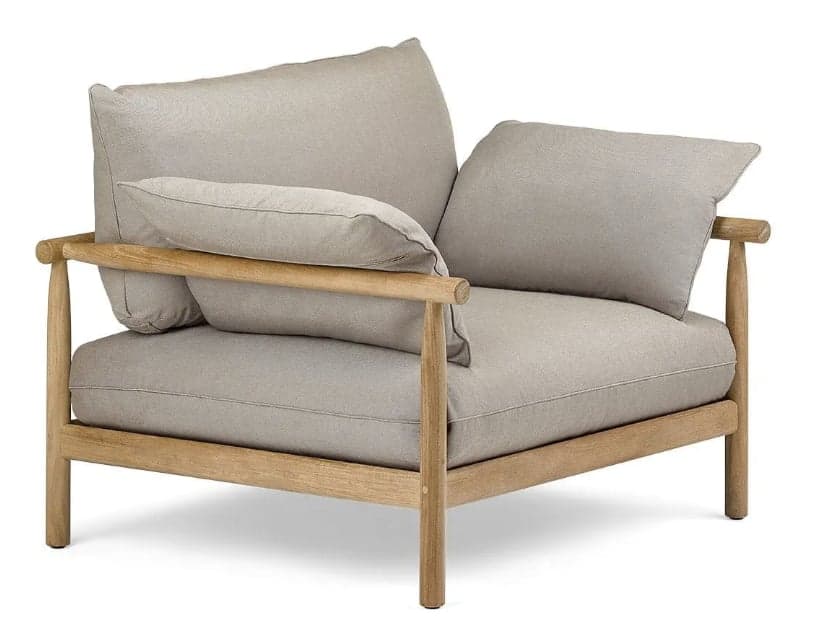 A modern armchair featuring an exposed light-toned wooden frame with plush grey fabric cushions, designed in a Scandinavian minimalist style. — 3D model