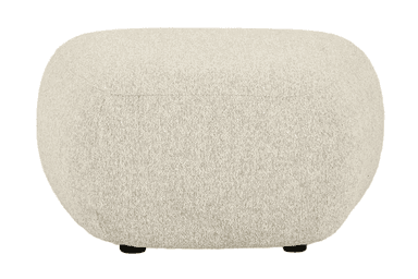 A contemporary upholstered ottoman with a rounded, pill-shaped silhouette, covered in a light beige boucle fabric, resting on small dark feet. — 3D model