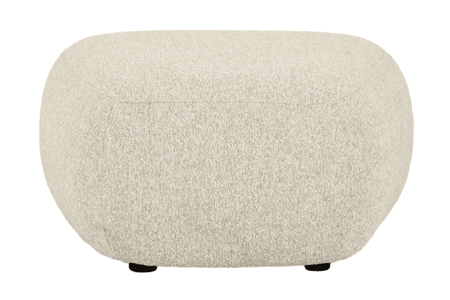 A contemporary upholstered ottoman with a rounded, pill-shaped silhouette, covered in a light beige boucle fabric, resting on small dark feet. — 3D model