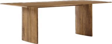 A modern rectangular table constructed from solid wood, featuring a substantial tabletop supported by two wide, slab-like legs that subtly curve inwards at the base. The wood exhibits a natural, light brown hue with prominent grain patterns, and all edges appear smoothly rounded. — 3D model