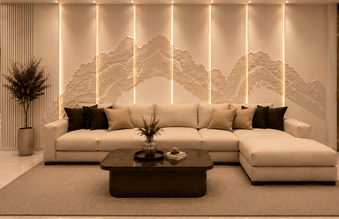A large beige modular sectional sofa with an integrated chaise lounge, multiple back cushions, and several throw pillows in varying brown and tan shades, set on a white background. — 3D model