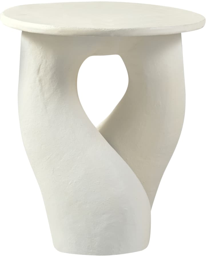 A small, off-white side table with a highly sculptural and organic design. The base features two intertwining, fluid columns that create an irregular open space in the center, supporting a simple, round tabletop. The entire piece has a matte, textured finish, suggesting a plaster or composite material. Its minimalist yet artistic form allows it to function as both a table and a decorative sculpture. — 3D model