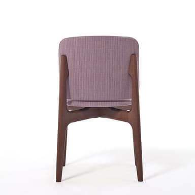 A front-facing view of a contemporary armless dining chair. It features a dark wood frame with four straight, slightly tapered legs. The seat and the rectangular backrest, which has gently rounded upper corners, are both upholstered in a subtly textured, purplish-pink fabric with fine horizontal stripes. — 3D model