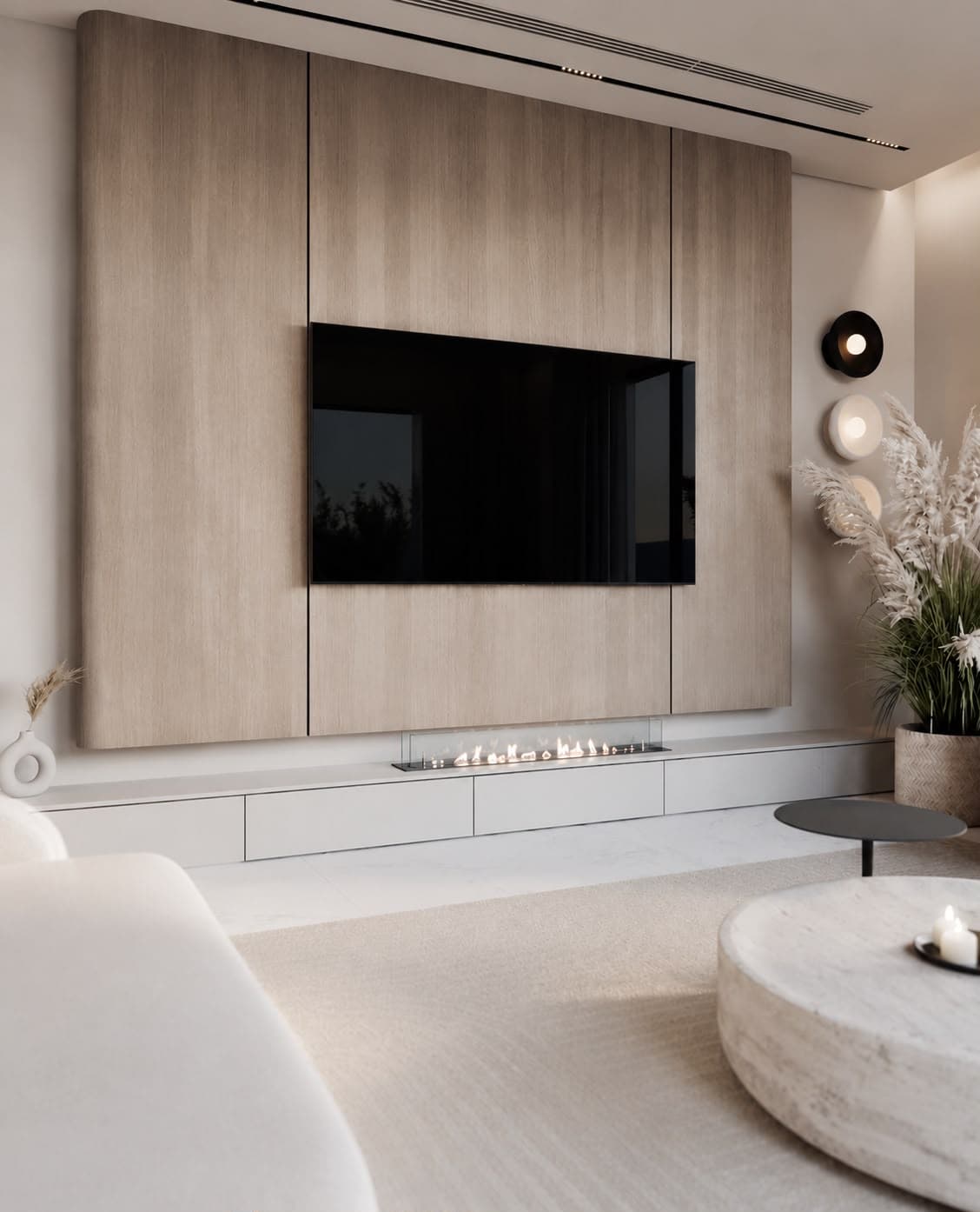 A modern wall-mounted media console system featuring a light wood veneer back panel, a mounted television, a floating white storage cabinet, and an integrated linear bioethanol fireplace. — 3D model
