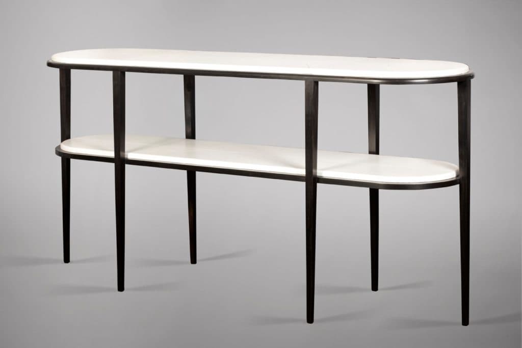 A two-tiered console table featuring two elongated oval white marble tops supported by a dark-finished metal frame with slender tapered legs. — 3D model
