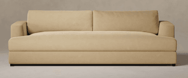 A modern three-seater sofa upholstered in a light beige fabric, featuring track arms and two individual back cushions, supported by a low, dark base. — 3D model