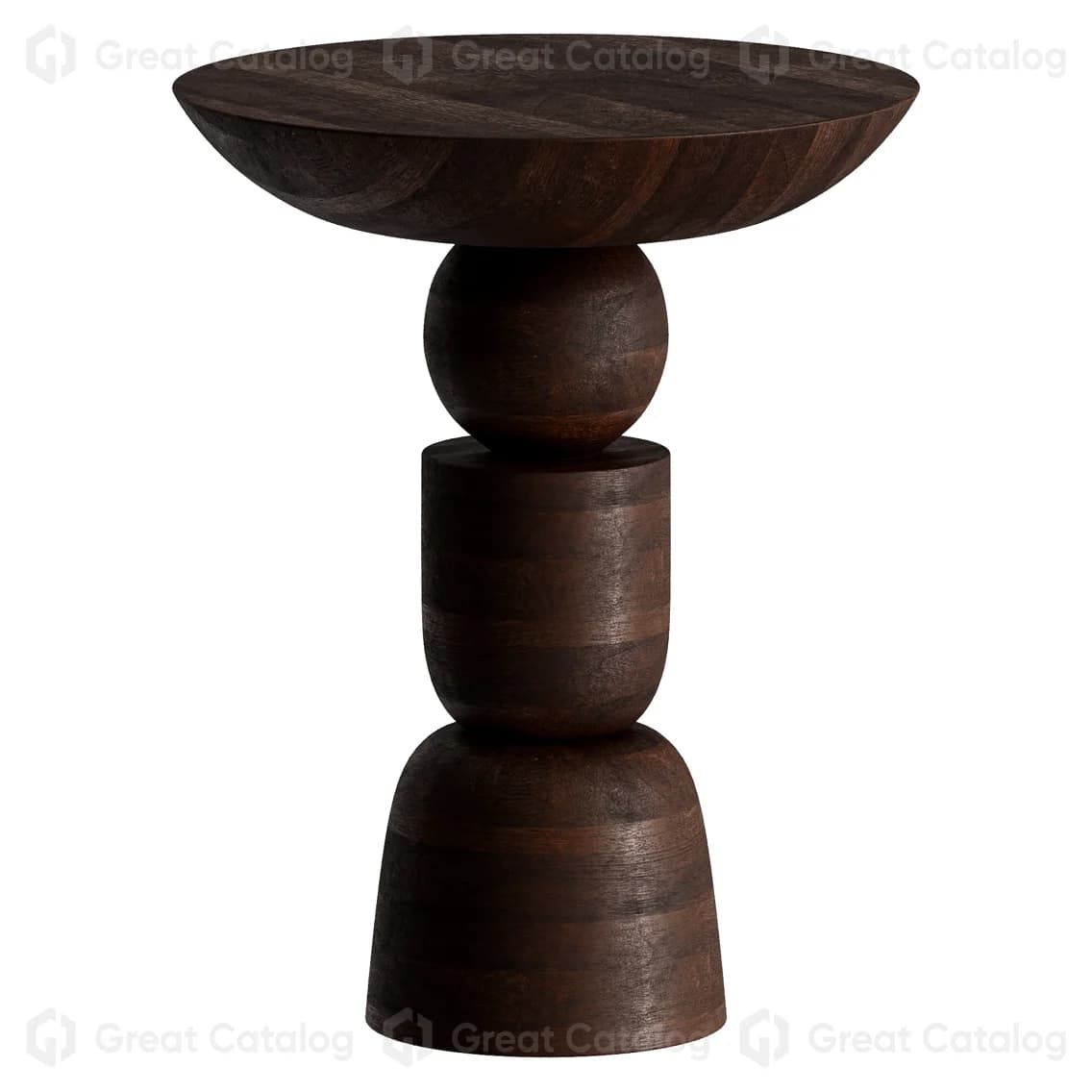 A dark wooden side table with a sculptural design. The table features a concave, circular top and a base composed of three stacked, rounded cylindrical forms that increase in width towards the bottom. The overall construction has a stacked, organic aesthetic. — 3D model