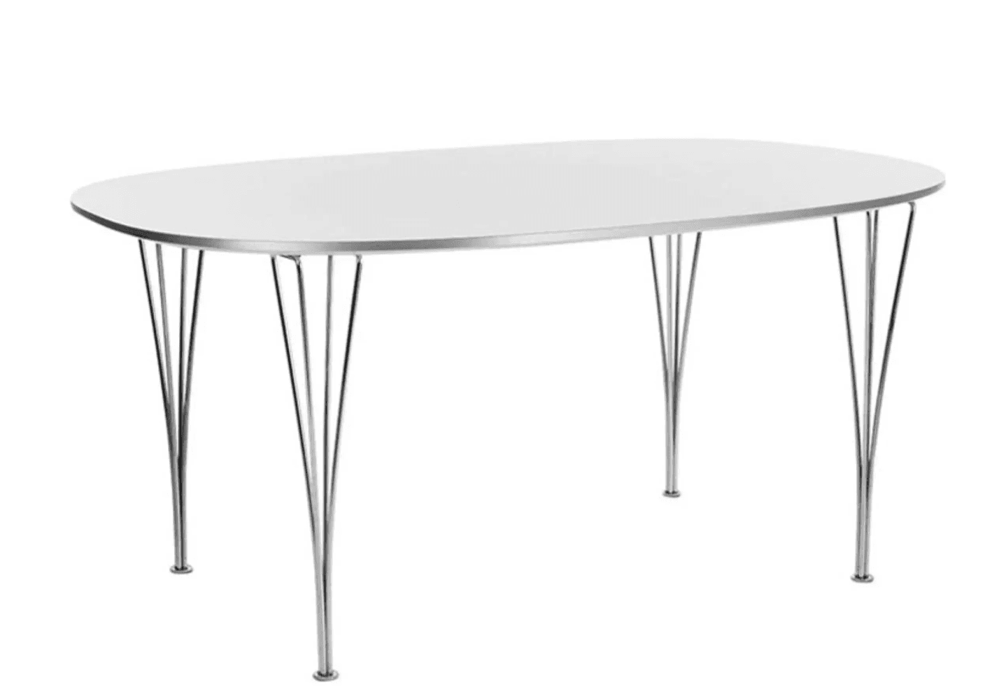 An oval-shaped dining table with a white, flat tabletop and slender, chrome-plated metal legs. The legs are splayed outwards and appear to be made of thin, bent rods that converge towards the tabletop. — 3D model