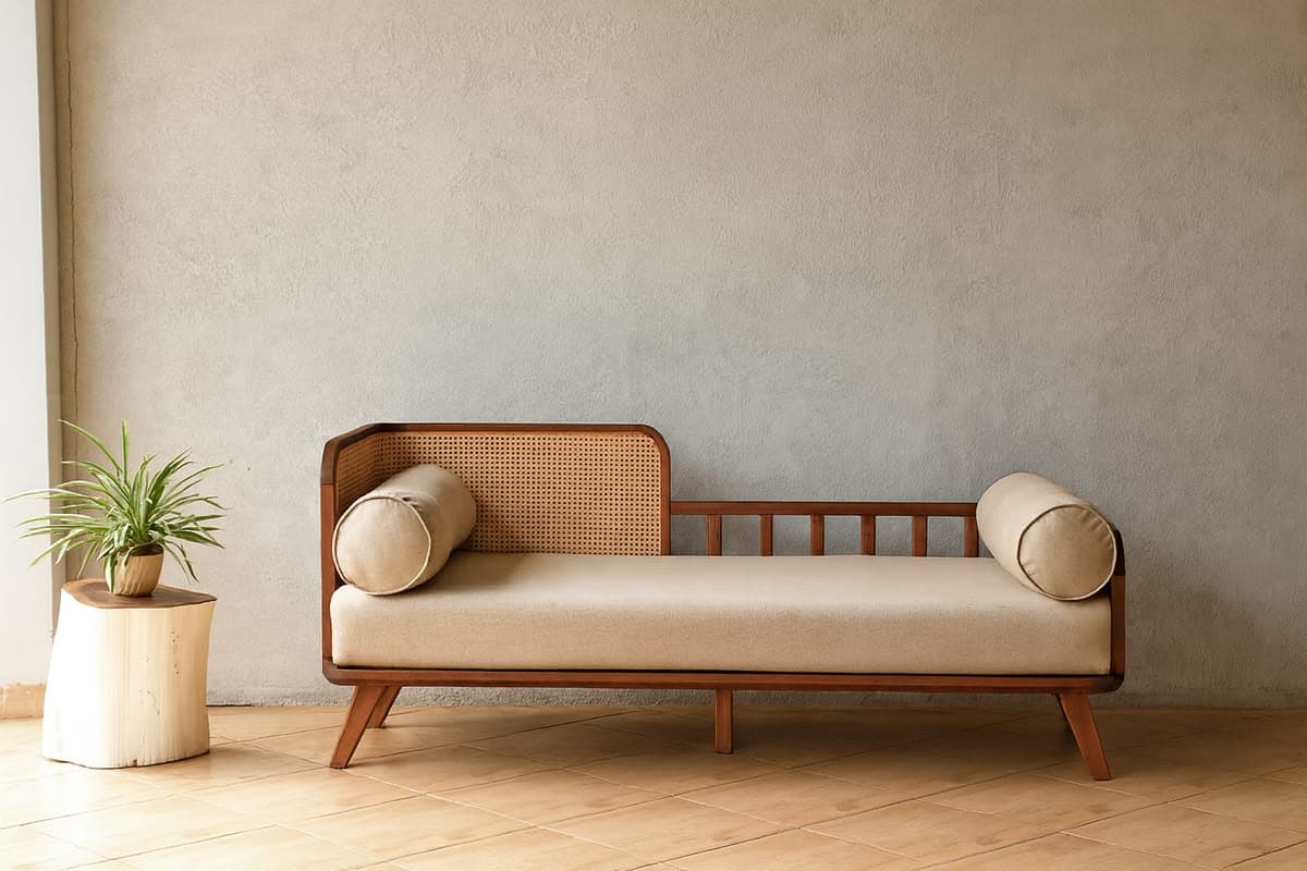 A contemporary daybed featuring a dark stained wooden frame, a prominent cane/rattan woven panel on one end, and a slatted backrest on the other long side. It is furnished with a thick, beige upholstered seat cushion and two matching cylindrical bolster pillows. — 3D model