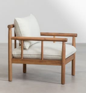 A modern armchair featuring a sturdy, open-grain wooden frame with clean lines and rounded details. It is fitted with thick, plush, off-white upholstered cushions for both the seat and backrest, offering a comfortable and contemporary seating option. — 3D model
