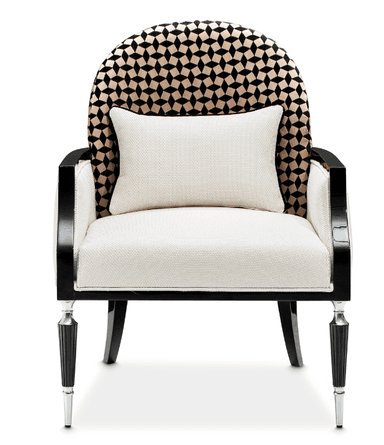 A contemporary barrel-back accent chair featuring a glossy black lacquered wood frame and striking geometric patterned upholstery. The chair's back and sides are encased in a lighter, solid-colored fabric, while the inner backrest cushion boasts a bold black and beige rhomboid pattern. The legs are tapered, finished in black lacquer, and fitted with metallic silver caps. — 3D model