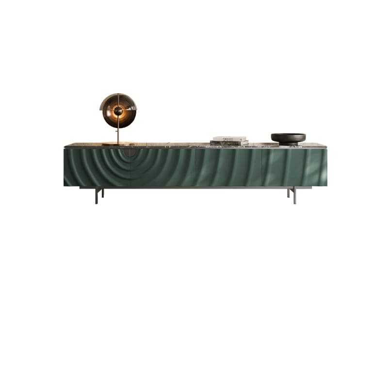A long, low console cabinet featuring a dark, veined marble top and dark green front panels with a distinctive ripple texture. The cabinet stands on minimalist black metal legs and includes an integrated handle on one of the ripple-textured doors. — 3D model