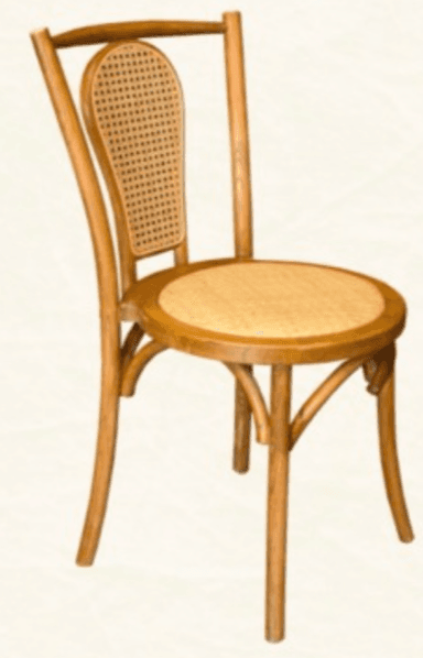 A classic light brown bentwood chair with a rounded backrest and circular seat, both featuring woven cane panels. The frame consists of gracefully curved wooden elements, including four splayed legs and a distinctive bentwood back structure. — 3D model