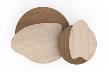 A set of two organically shaped, low-profile coffee tables with unique leg structures. The larger table has a flattened, oval top with a curved edge, and is supported by two cylindrical legs and a single, thicker, column-like leg. The smaller table, nested partially under the larger one, has an irregular, amoeba-like top and is supported by two cylindrical legs. The tops appear to be made of a stone-like material with subtle veining, possibly travertine, while the legs are made of wood with a visible grain. — 3D model