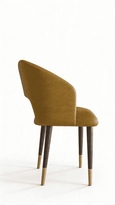 A modern accent chair with a curved backrest and seat, featuring vertical tufting on the back. The chair has four tapered wooden legs that are capped with brass-colored ferrules at the base. — 3D model